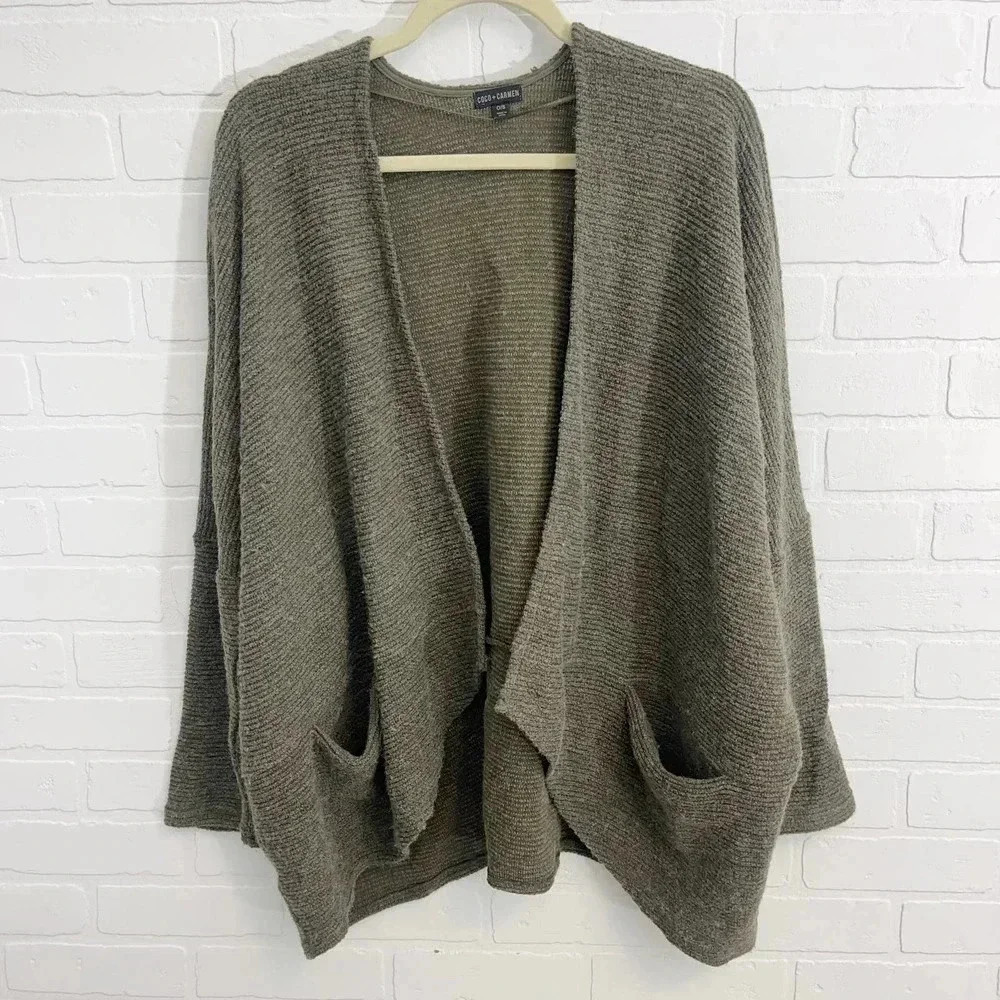 Coco‎ + Carmen Open Front Long Sleeve Patch Pocket Cardigan Sweater Brown OS
